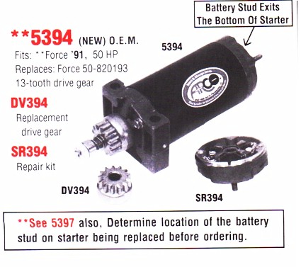 5394 outboard Starter Motor w/ 13 tooth drive gear for Chrysler / Force 1991 50hp, Mercury sport jet 40-50hp.